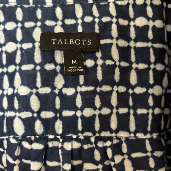 Talbots Top Womens Medium Blue White Print Button Up Cotton Shirt Blouse - Picture 6 of 8